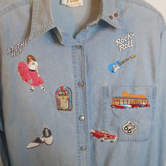 VINTAGE TIA DESIGNS Denim Jean Shirt 1950's Theme Size S Women's Rock n Roll - Picture 2 of 11